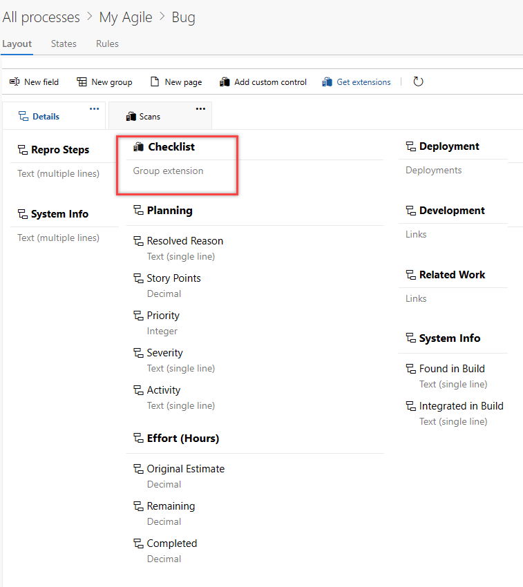 Group extension on Bug work item form
