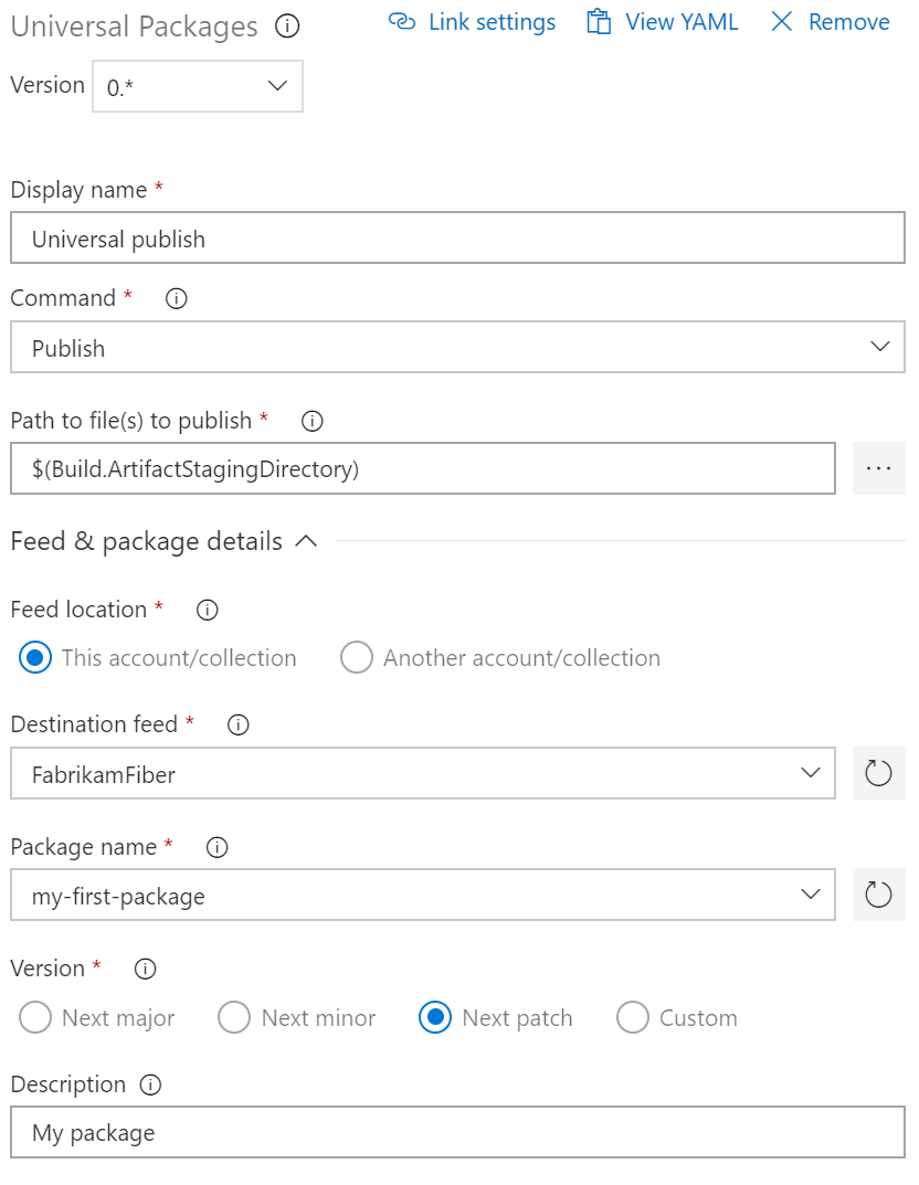 A screenshot showing how to publish a universal package using a classic pipeline.