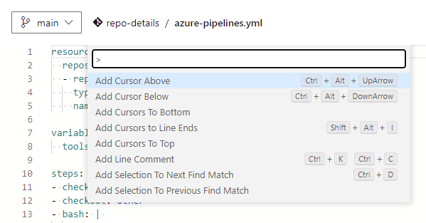 YAML pipeline editor command palette.