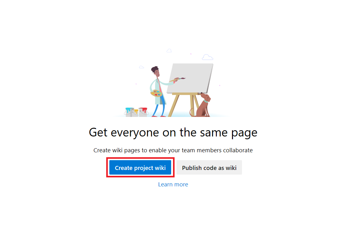 Screenshot that shows how to select the Create project wiki or Publish code as wiki option in Azure DevOps.