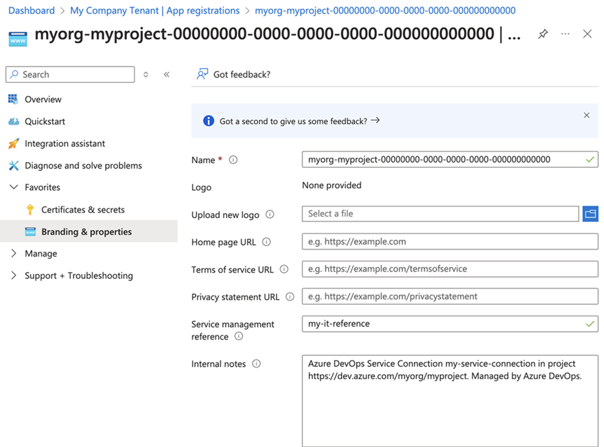 Screenshot of app registration properties Screenshot of app registration properties.