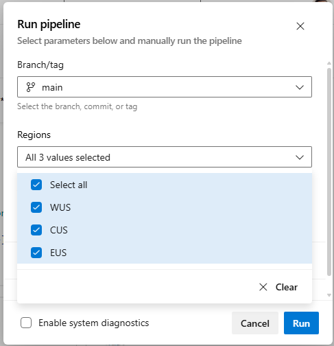 Screenshot of Run pipeline region multi selection. Screenshot of Run pipeline region multi selection.