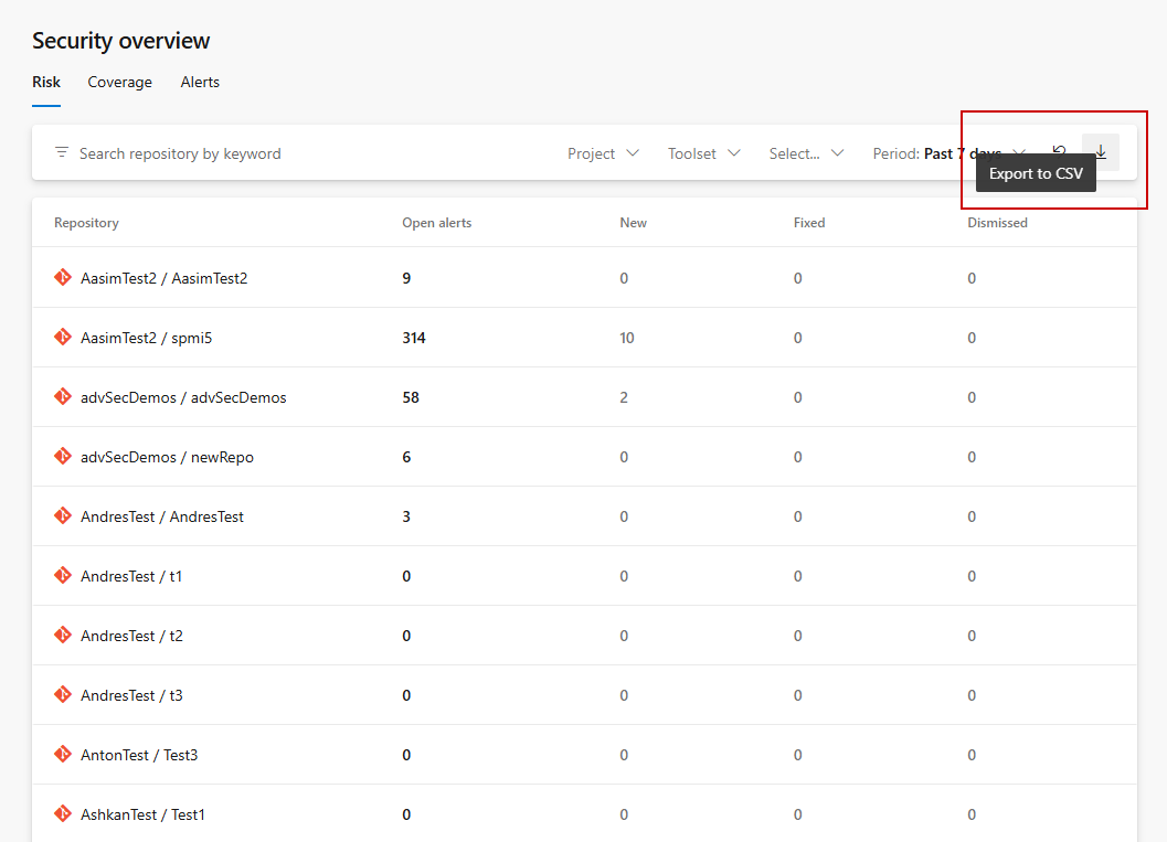 Screenshot of the export button in security overview. Screenshot of the export button in security overview.