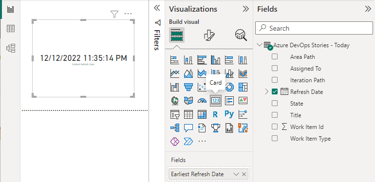 Screenshot of Power BI Desktop, Card, Refresh Date Applied.