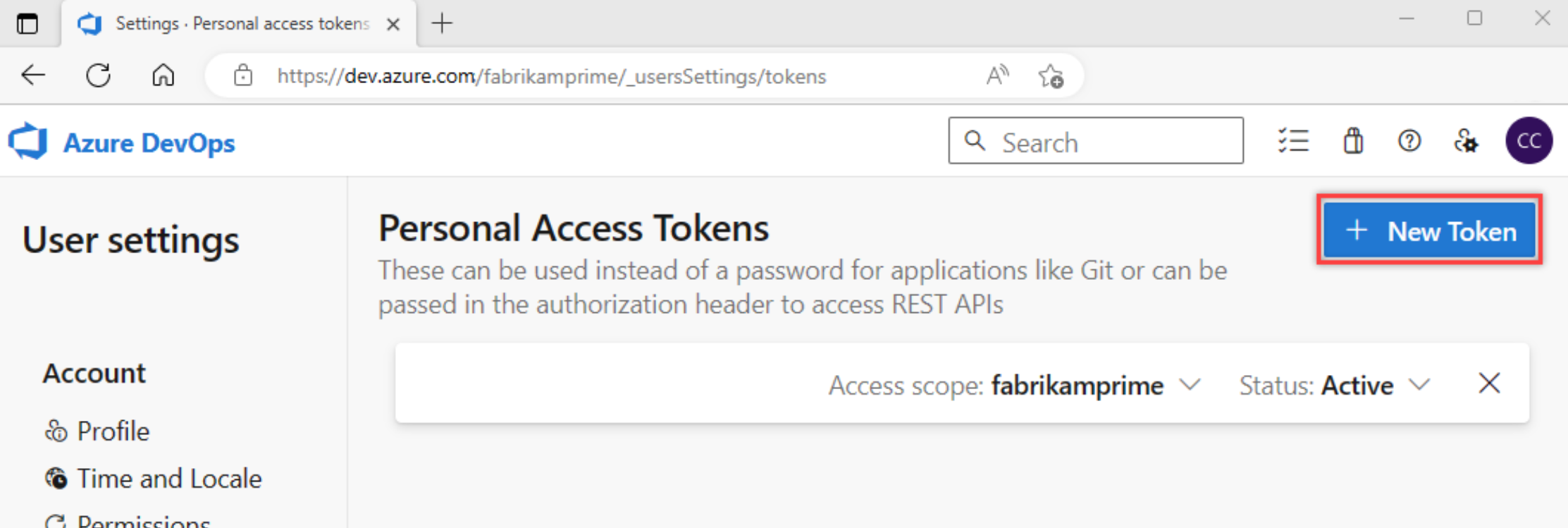 Screenshot of creating a personal access token.