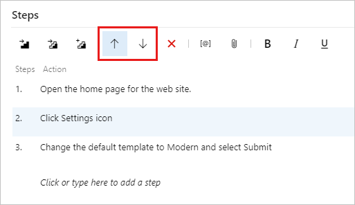 Screenshot showing the arrows used to move test steps up or down.