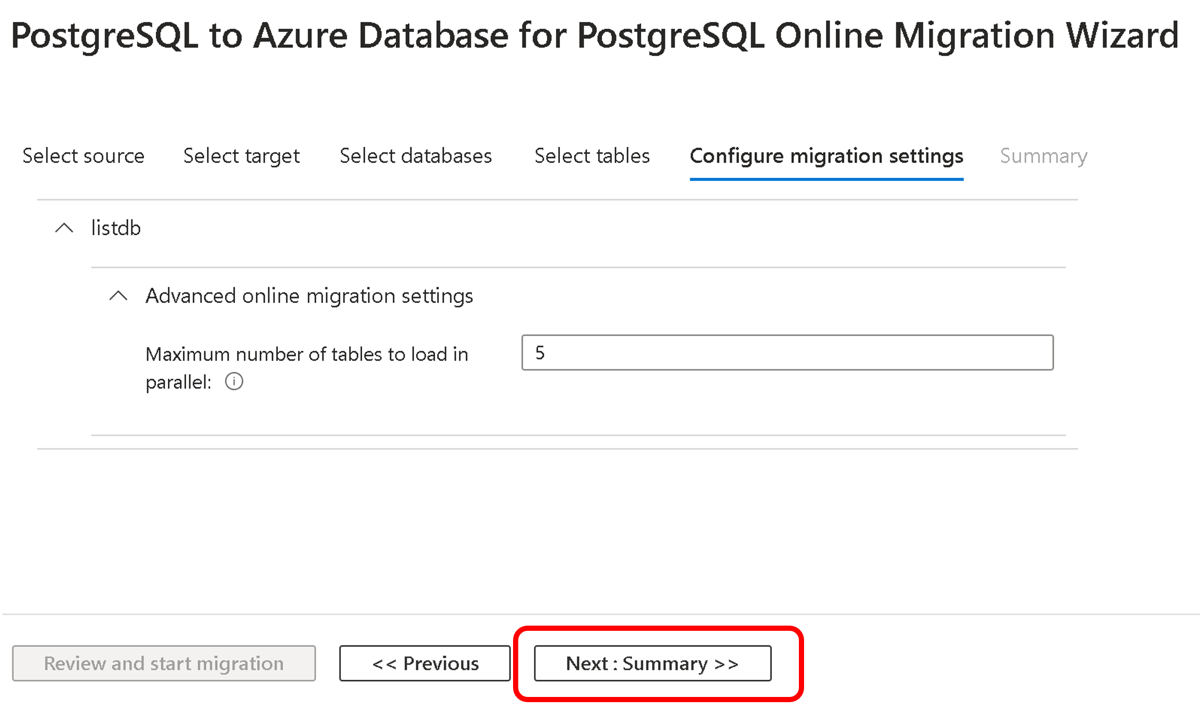 Screenshot of configuring migration setting screen.