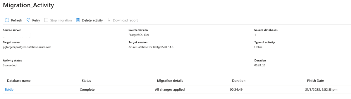 Screenshot of migration monitoring screen.