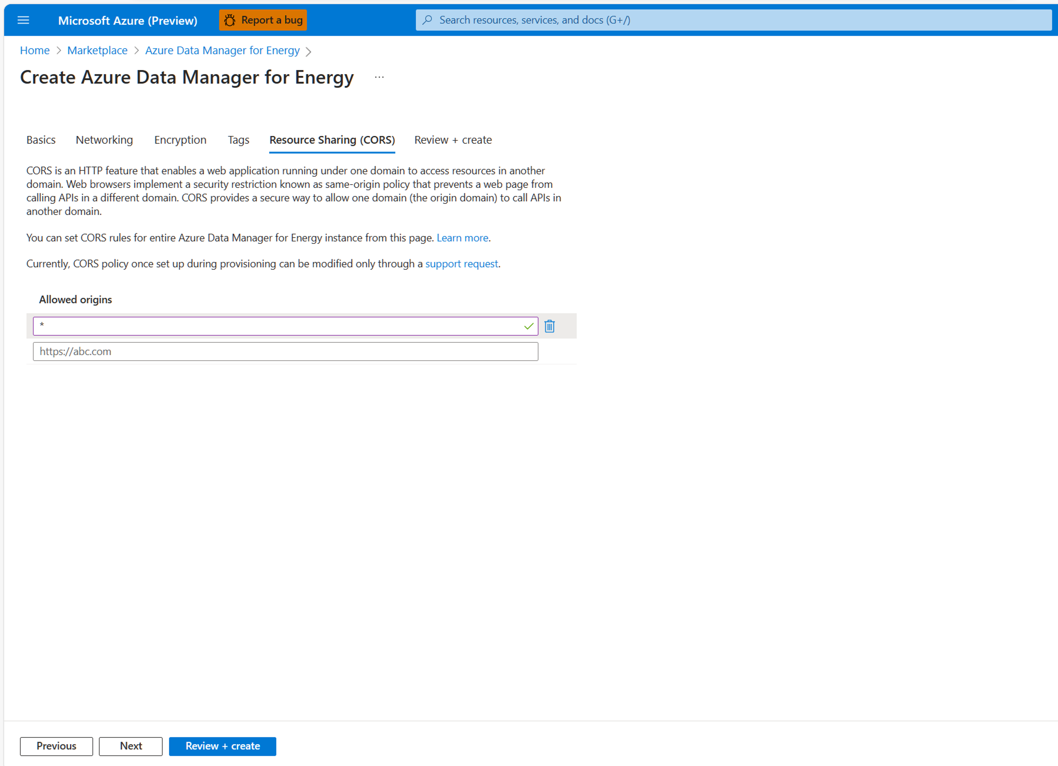 Screenshot of Resource Sharing(CORS) tab while creating Azure Data Manager for Energy.