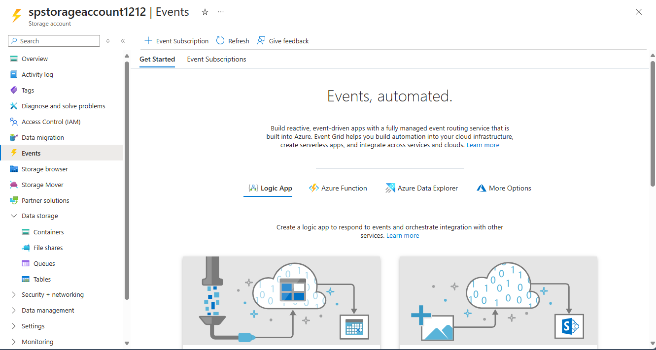 Screenshot showing the Events page for an Azure storage account.