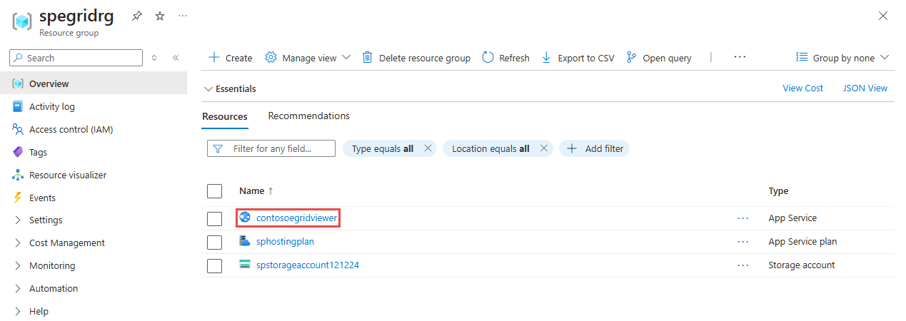 Screenshot that shows the Resource Group page with the deployed resources.