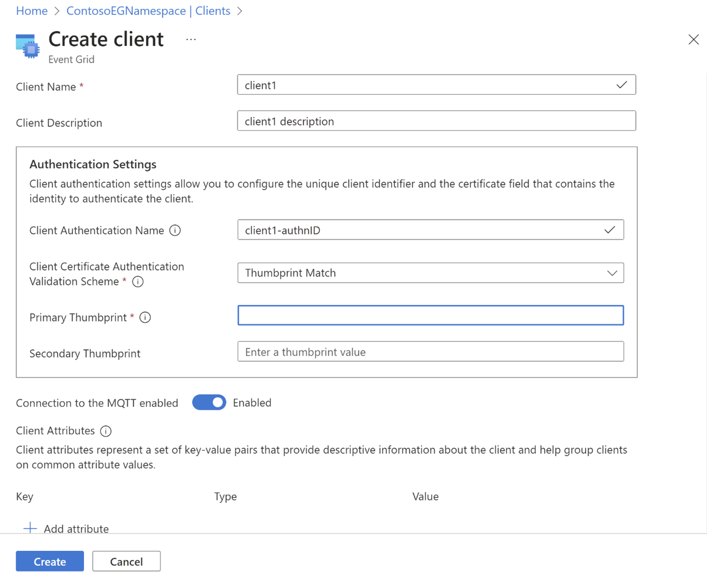 Screenshot showing the client metadata with thumbprint authentication scheme.