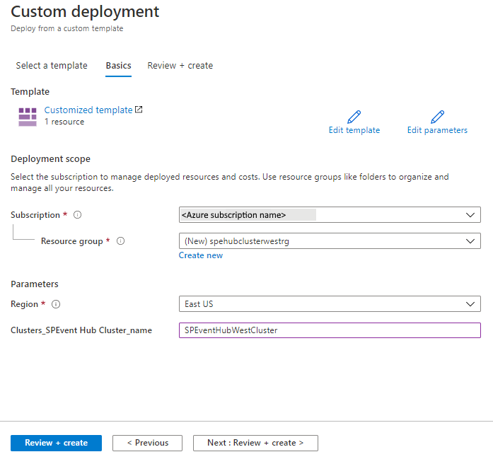 Screenshot showing Deploy Resource Manager template.