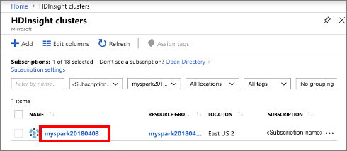 Screenshot shows HDInsight clusters with the cluster that you created.