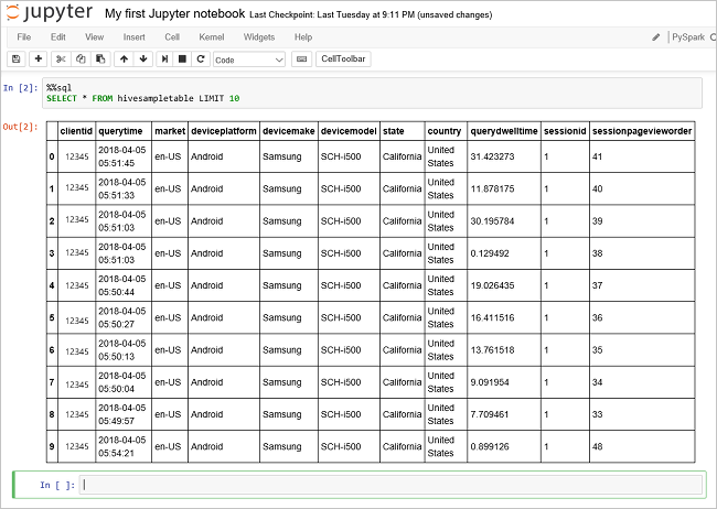 Hive query output in HDInsight.