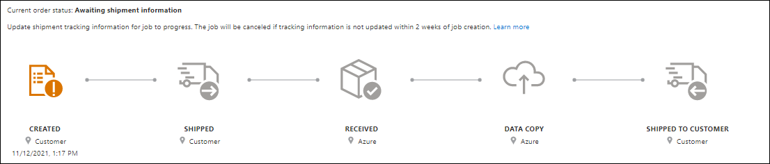 Screenshot showing status tracking on the Overview pane for an Azure Import Export job in the Preview portal.