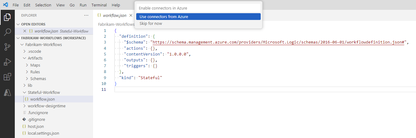 Screenshot shows opened logic app project with prompt to enable Azure-hosted connectors.