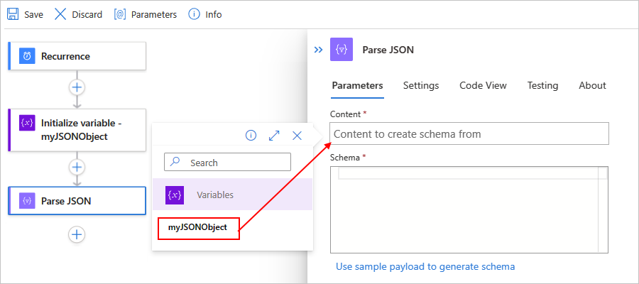 Screenshot showing the designer for a Standard workflow, the "Parse JSON" action, and the selected JSON object variable to use in the "Parse JSON" action.