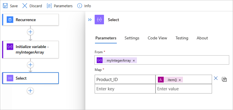 Screenshot showing the "Select" action in a Standard workflow and the finished example for the "Select" action.