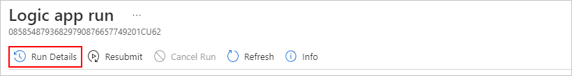 Screenshot shows toolbar named Logic app run with the selected option Run Details.