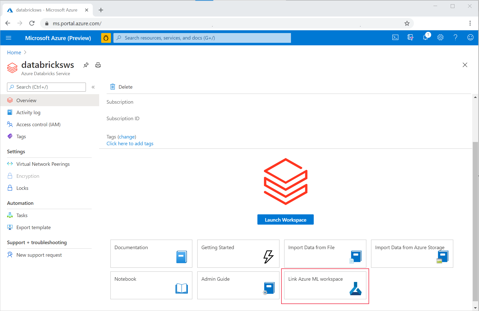 Link Azure DB and Azure Machine Learning workspaces