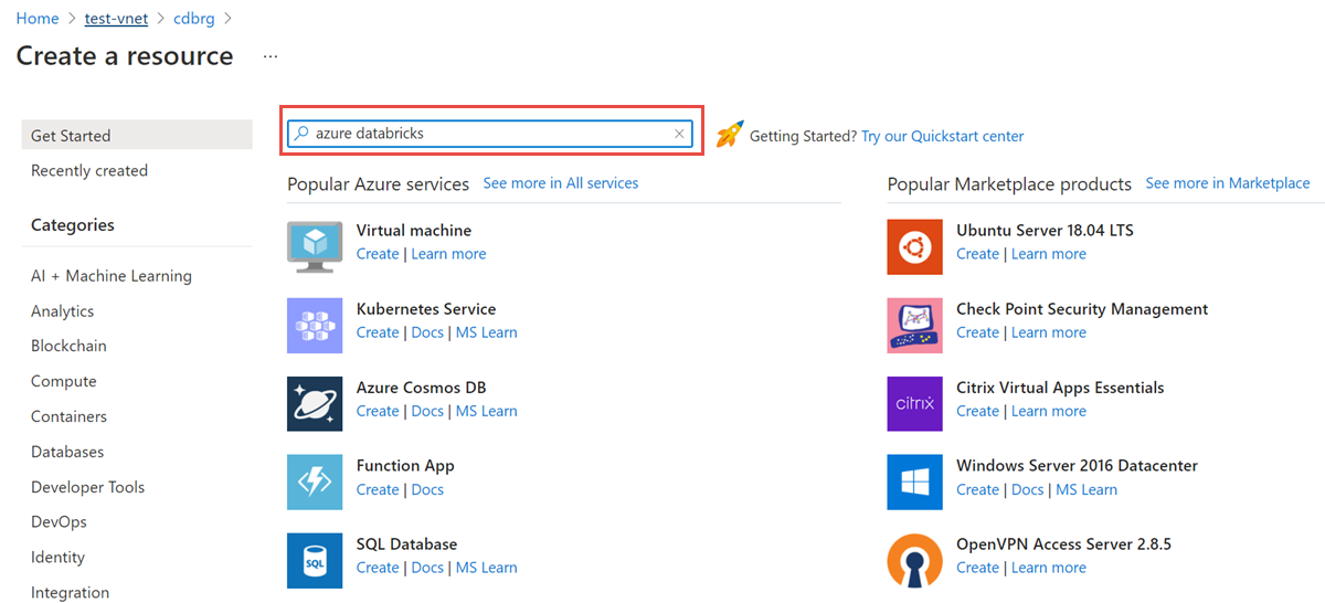 Screenshot shows a search for Azure Databricks.