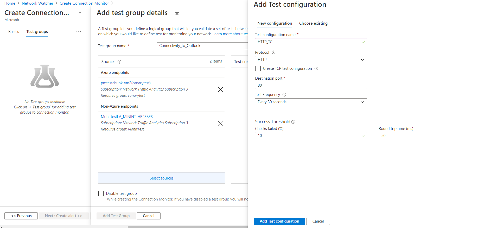 Screenshot that shows where to set up a test configuration in Connection Monitor.