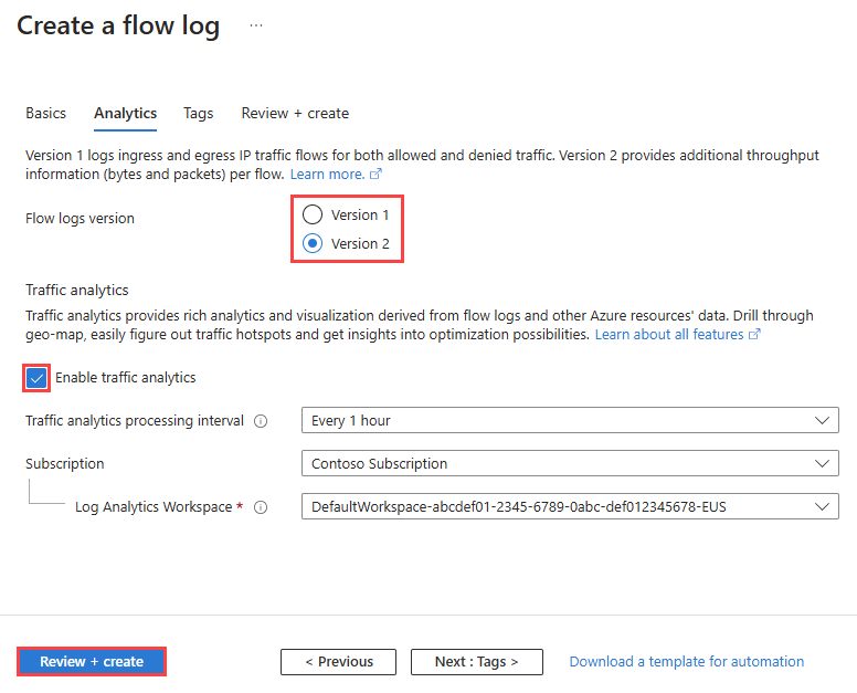 Screenshot that shows how to enable traffic analytics for a new flow log in the Azure portal.