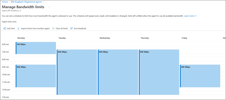 A screenshot of an Azure portal dialog showing a calendar, similar to Outlook, with scheduled bandwidth limitation windows.