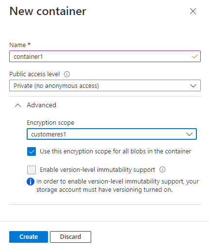 Screenshot showing container with default encryption scope