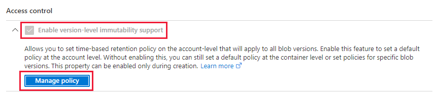 Screenshot showing how to manage the default version-level immutability policy for a storage account 