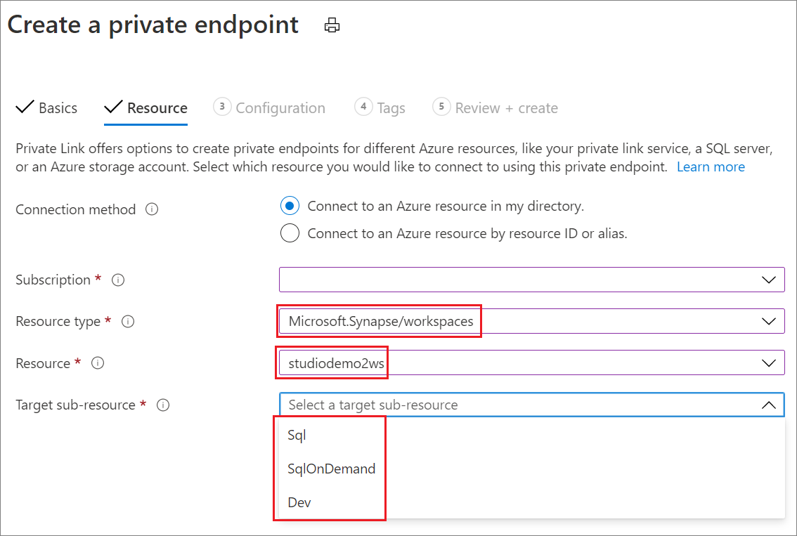 Screenshot of Create a private endpoint, Resource tab, workspace.