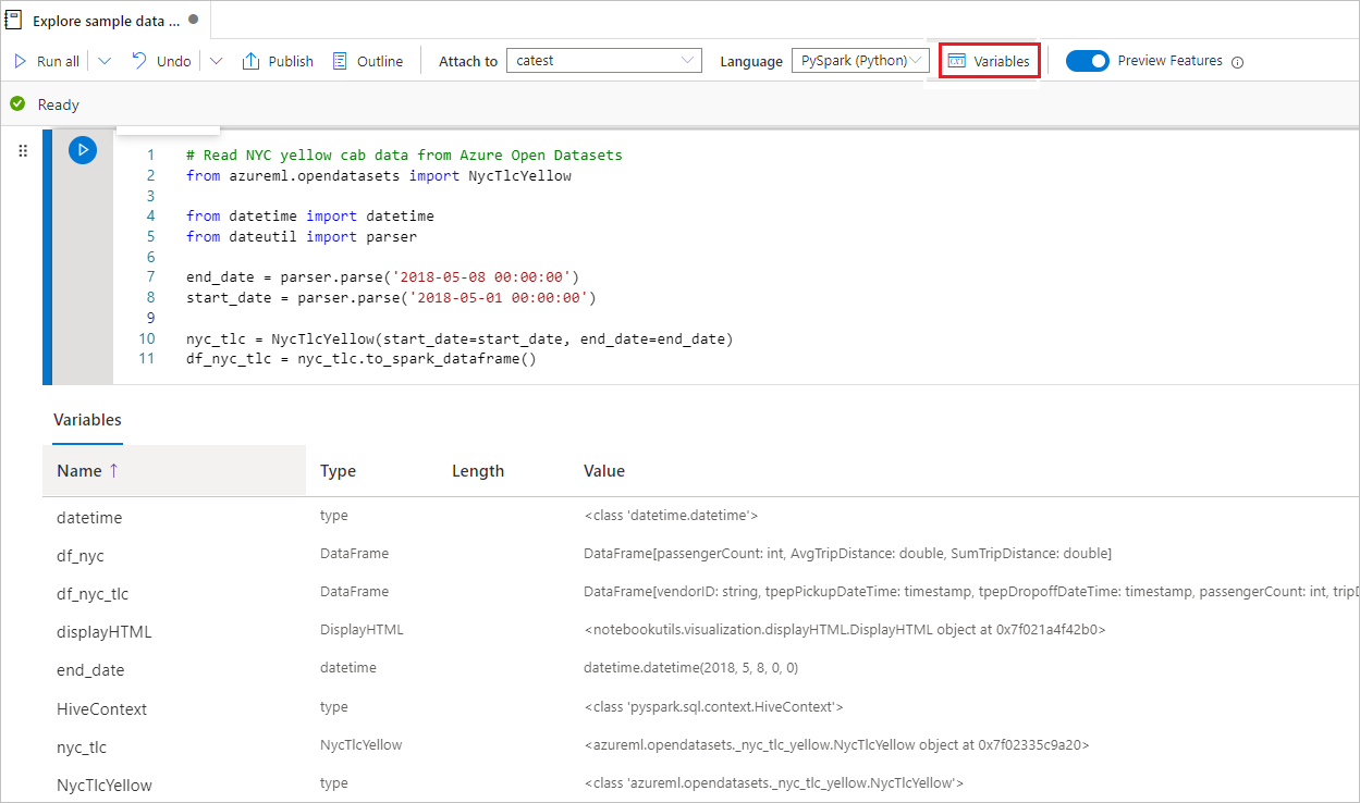 Screenshot of azure-notebook-variable-explorer