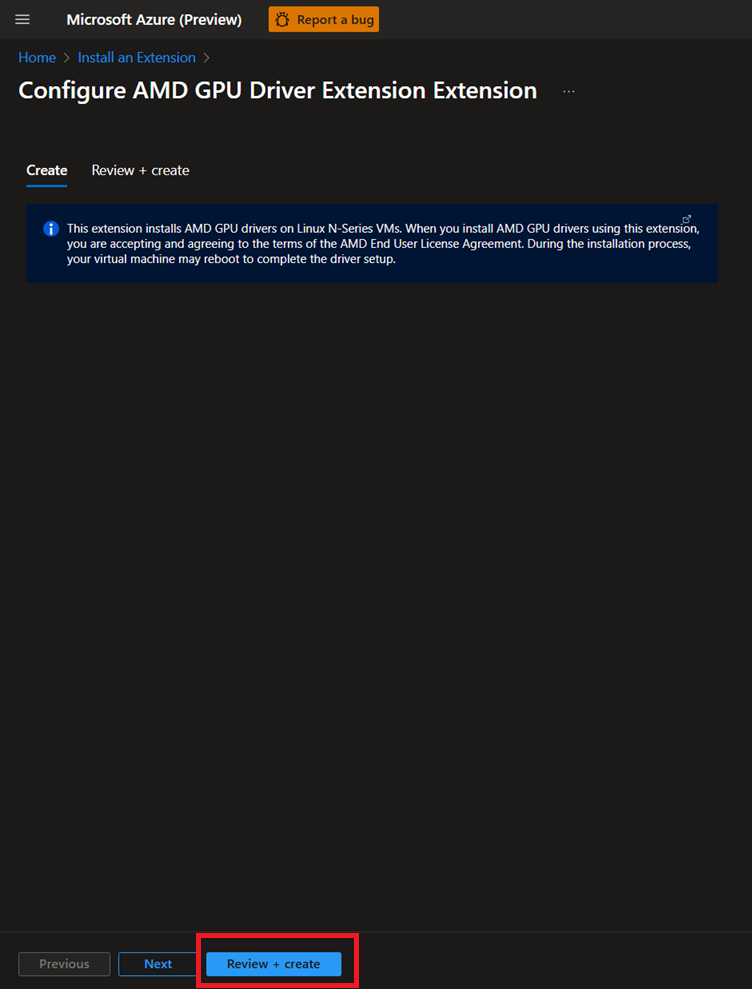 Screenshot that shows selecting the Review + create button.