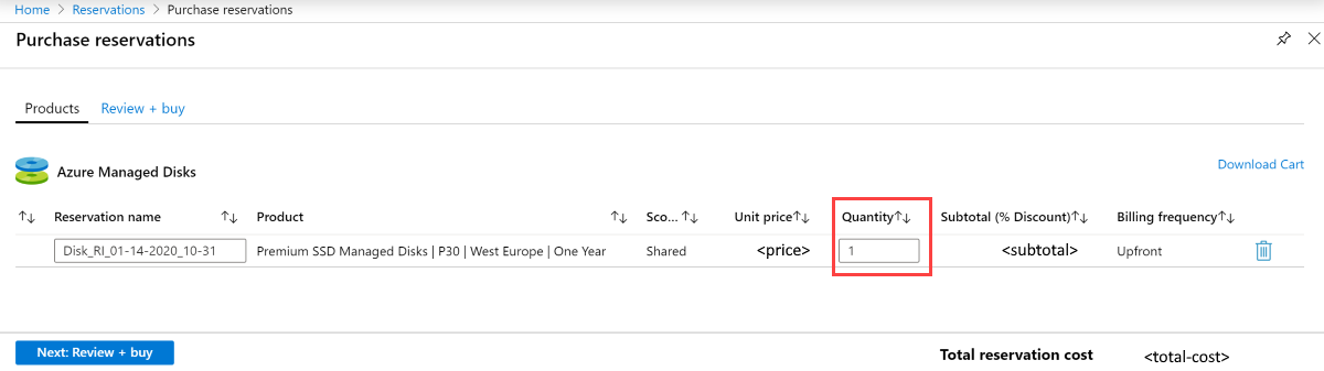 The Purchase reservations pane