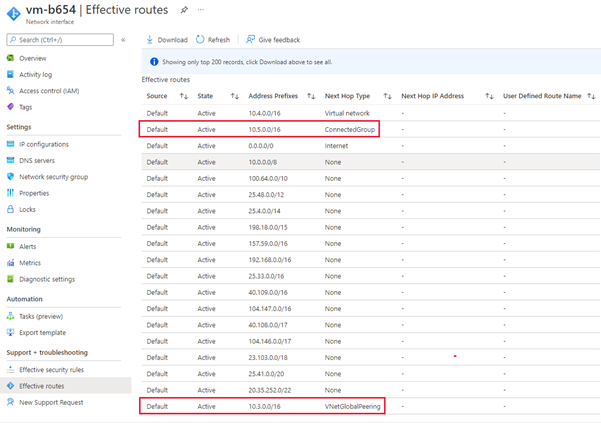 Screenshot of effective routes that shows connected groups and hub routes.