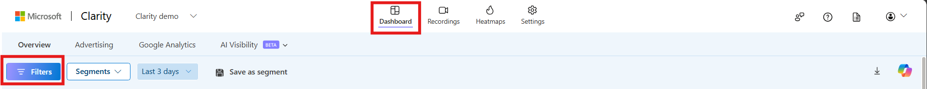 Filters on dashboard.