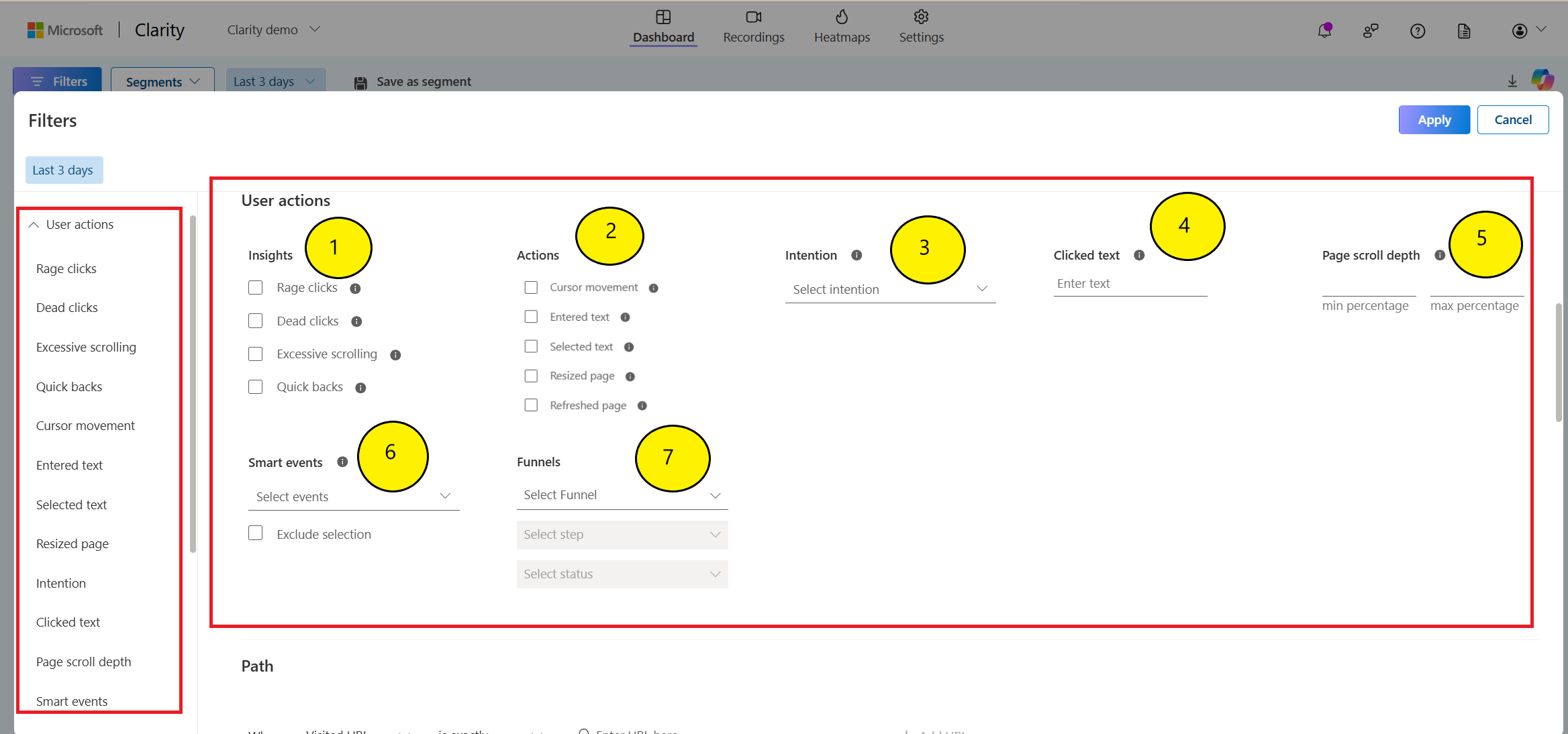 Filters by user actions.