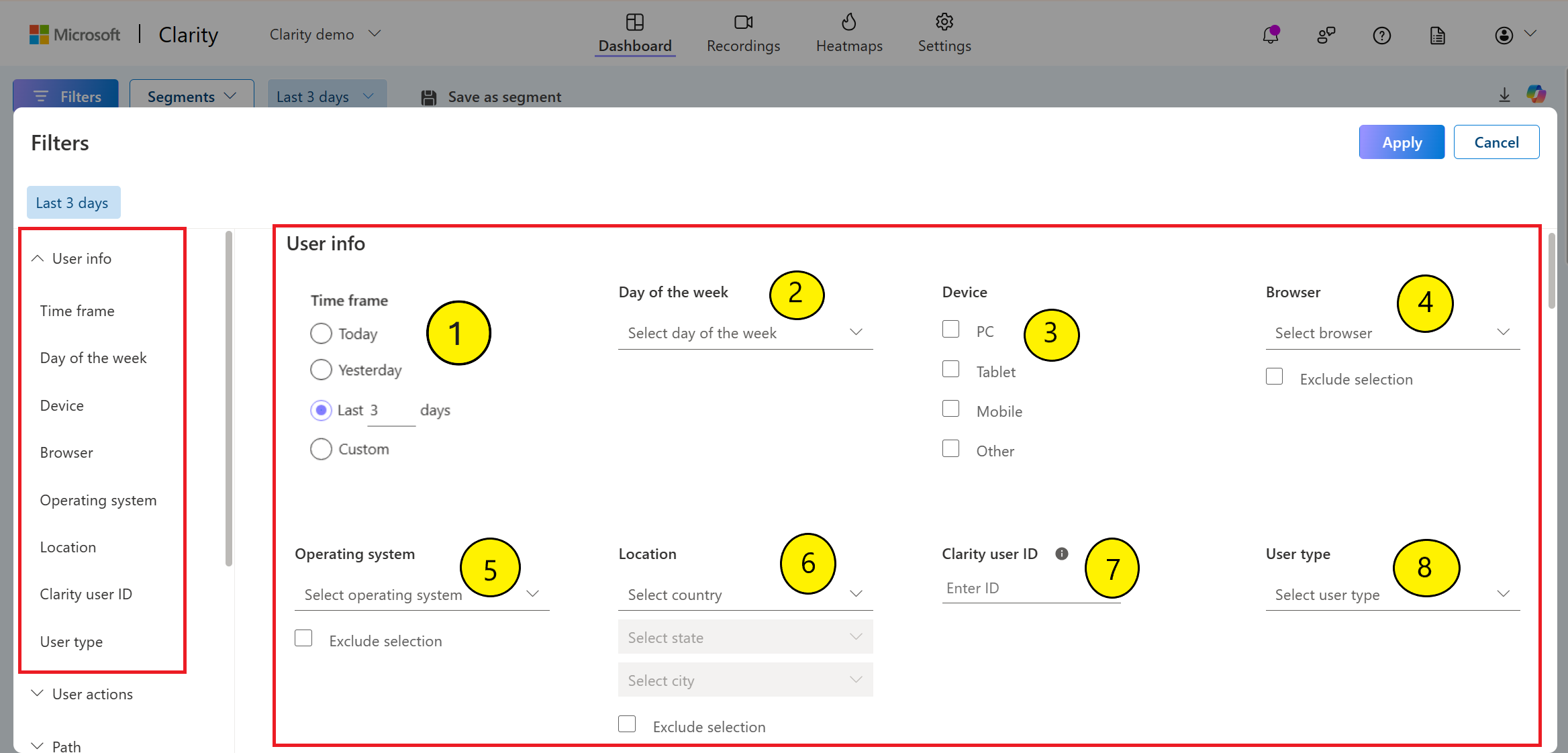 Filters by user info.