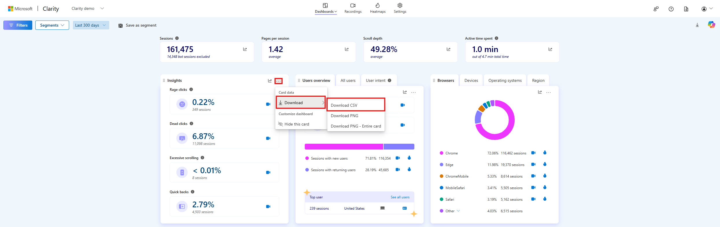 Select download as csv on a widget.