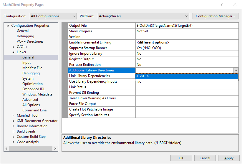 Screenshot of the Property Pages dialog box under General that shows the Edit command in the Additional Library Directories property dropdown.