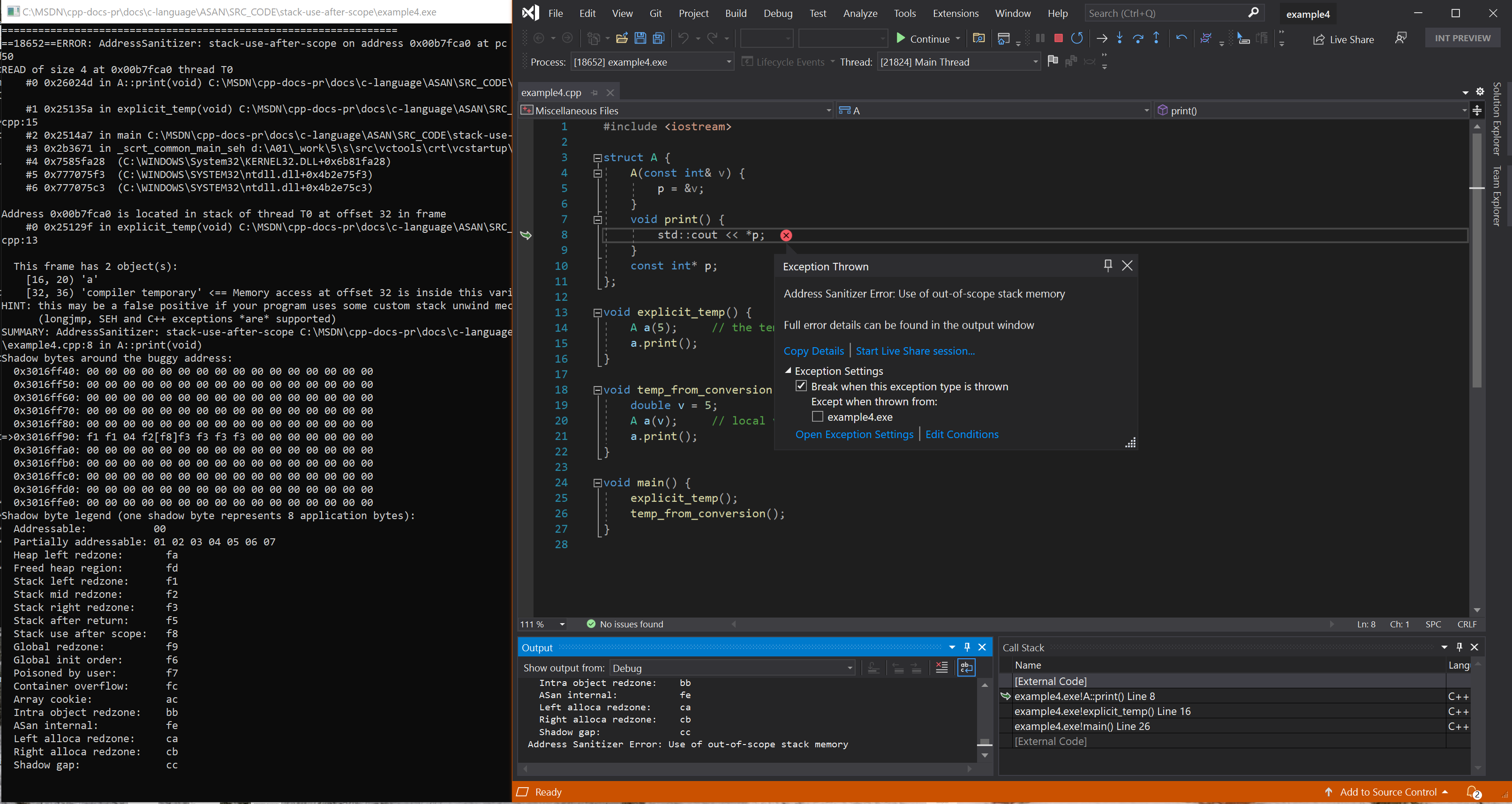 Screenshot of debugger displaying stack-use-after-scope error in example 4.