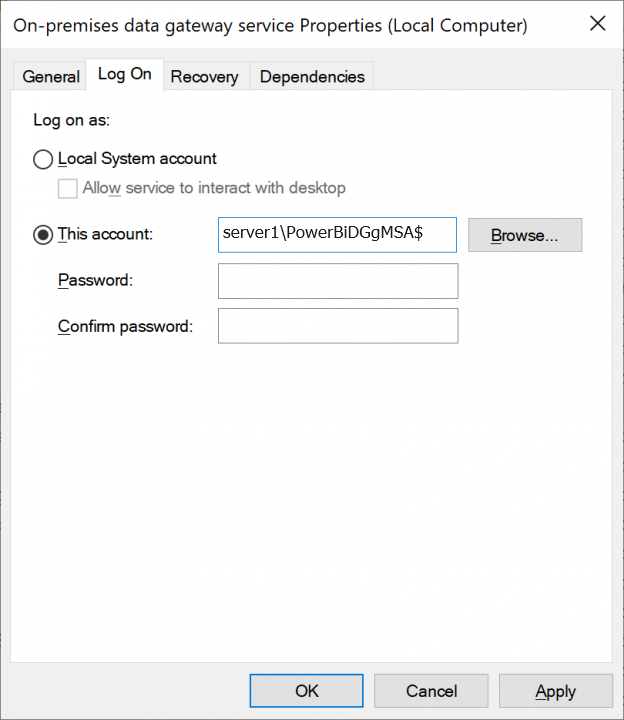 Screenshot showing where to update the service log on account in the service properties.