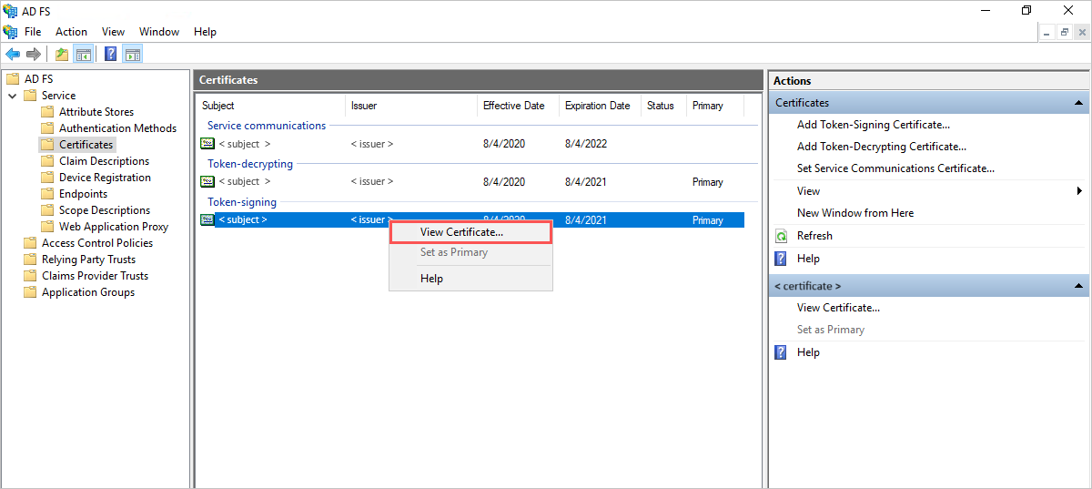 View IdP signing certificate properties.