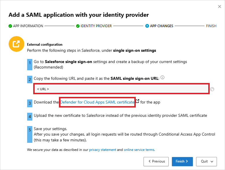 Note the Defender for Cloud Apps SAML SSO URL and download the certificate.