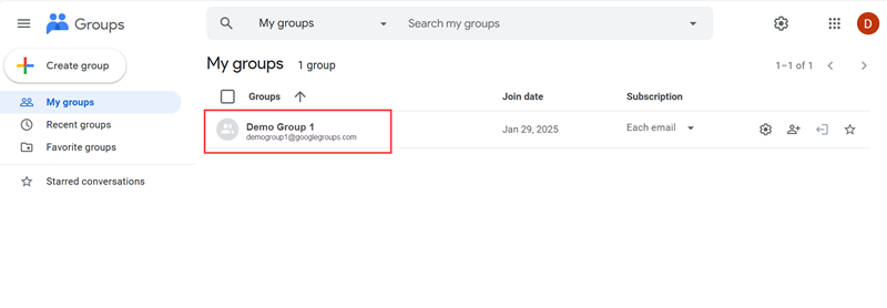 Screenshot of highlighting the Google group added to the list