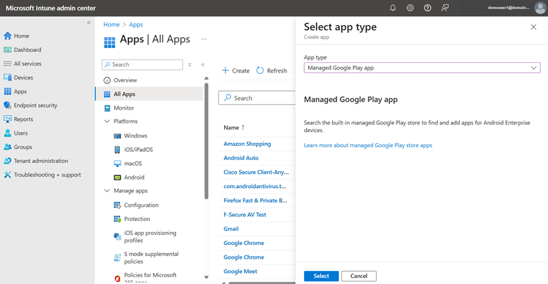 Screenshot selecting an app for managed Play in the Microsoft Intune admin center