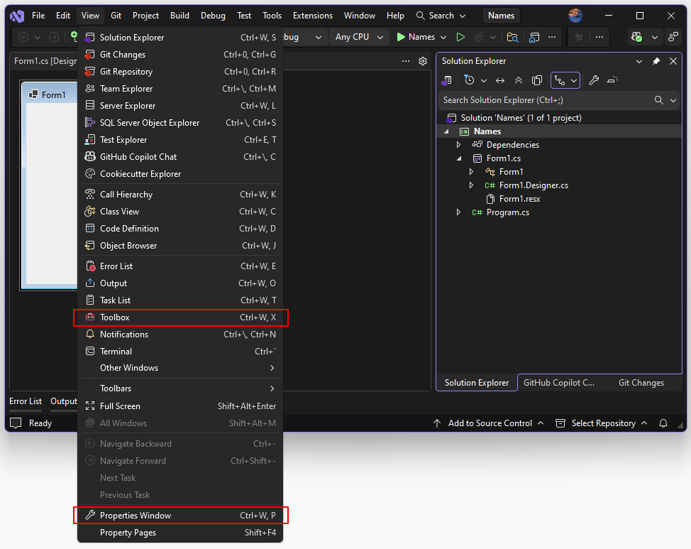 The view menu with both the toolbox item and properties window item highlighted in a Visual Studio 2026 Windows Forms project.