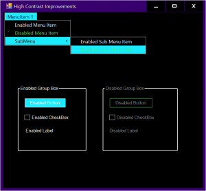 Screenshot of an app that uses different controls running in high contrast mode before accessibility improvements.