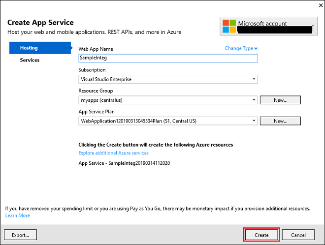 Select Create to publish app on Azure Select Create to publish app on Azure.
